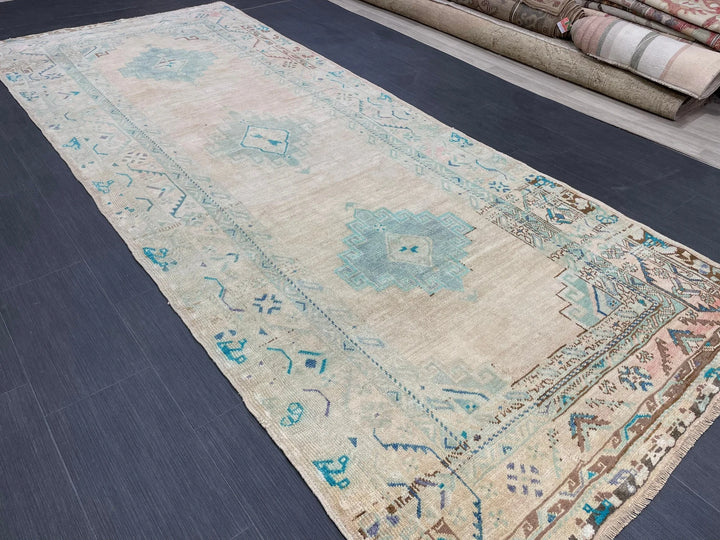 Beige Turkish Runner Rug 4' 8" x 11' 6" Hand-Knotted | No. WR19945