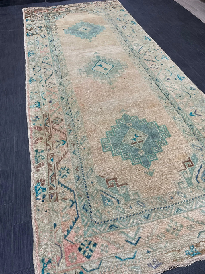 Beige Turkish Runner Rug 4' 8" x 11' 6" Hand-Knotted | No. WR19945