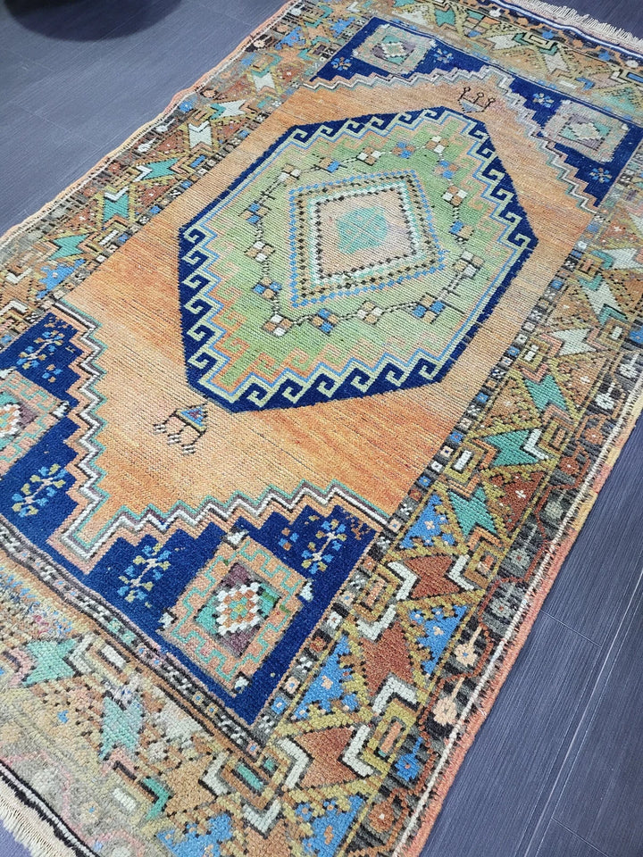 Blue Turkish Runner Rug 3' 6" x 6' 1" Hand-Knotted | No. WR20079