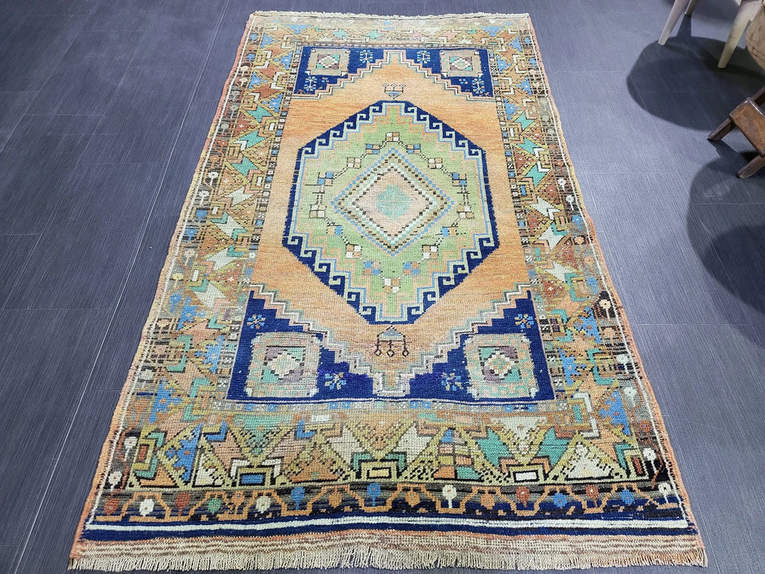 Blue Turkish Runner Rug 3' 6" x 6' 1" Hand-Knotted | No. WR20079