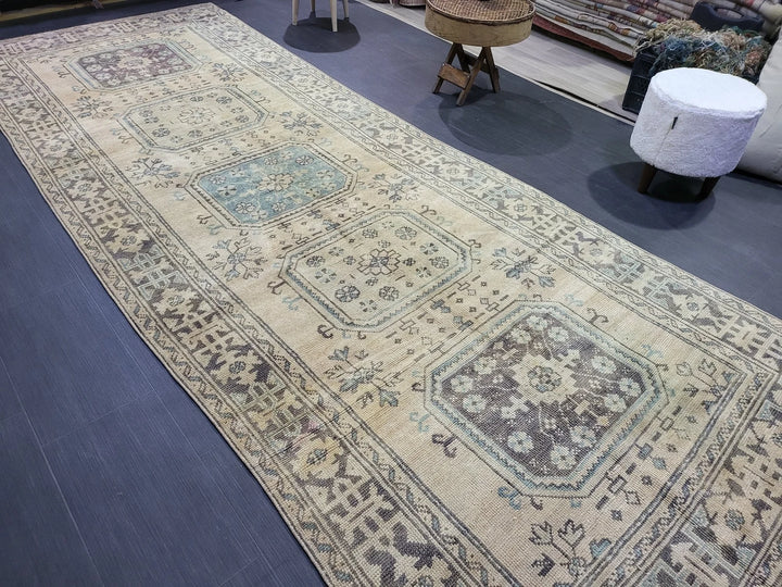 Beige Turkish Runner Rug 4' 6" x 11' 11" Hand-Knotted | No. WR20378