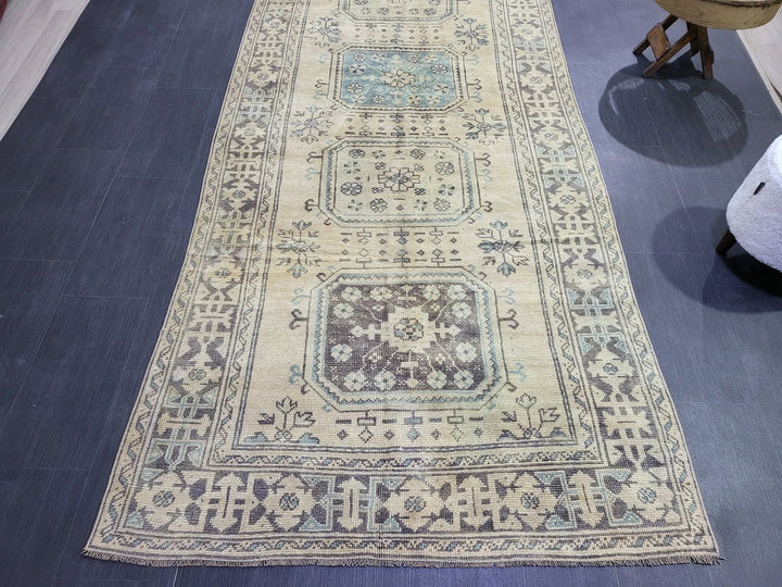 Beige Turkish Runner Rug 4' 6" x 11' 11" Hand-Knotted | No. WR20378
