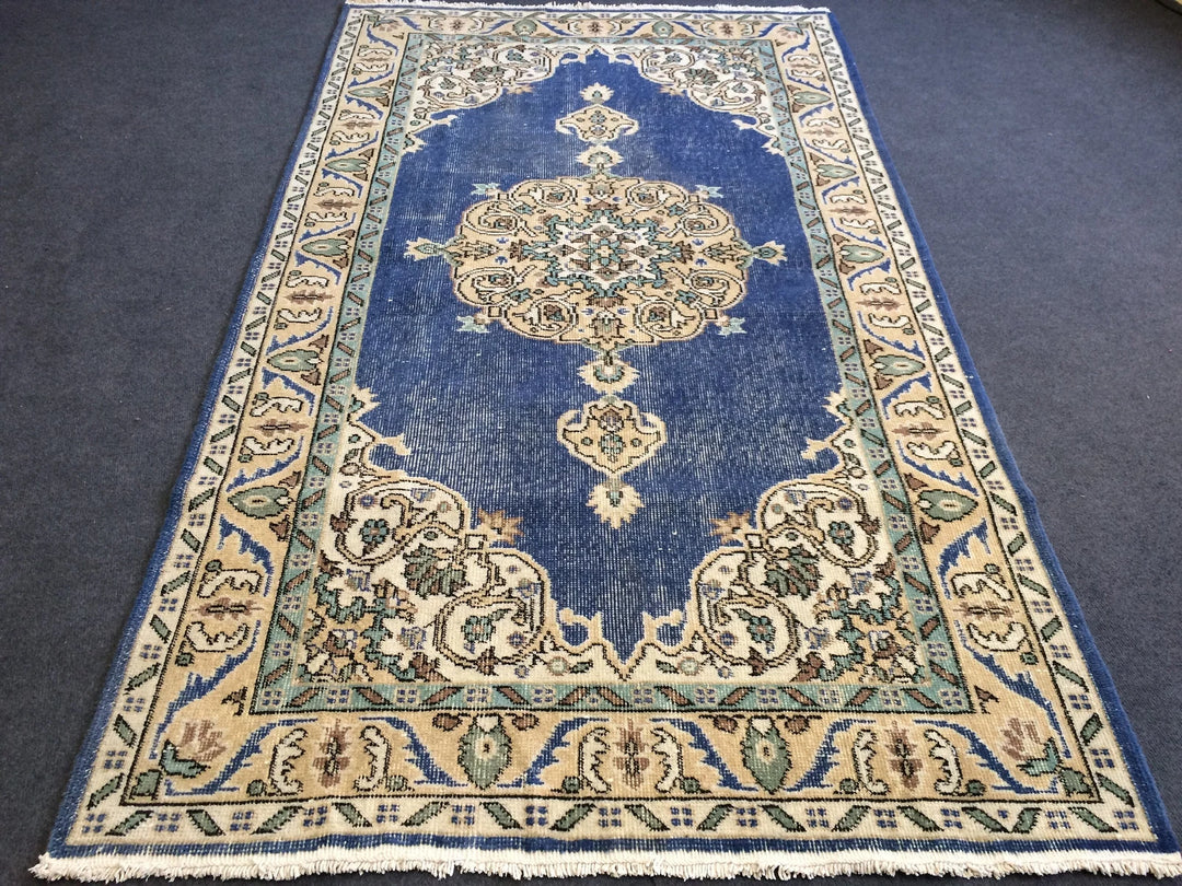 Blue Turkish Runner Rug 4' x 7' Hand-Knotted | No. WR24039