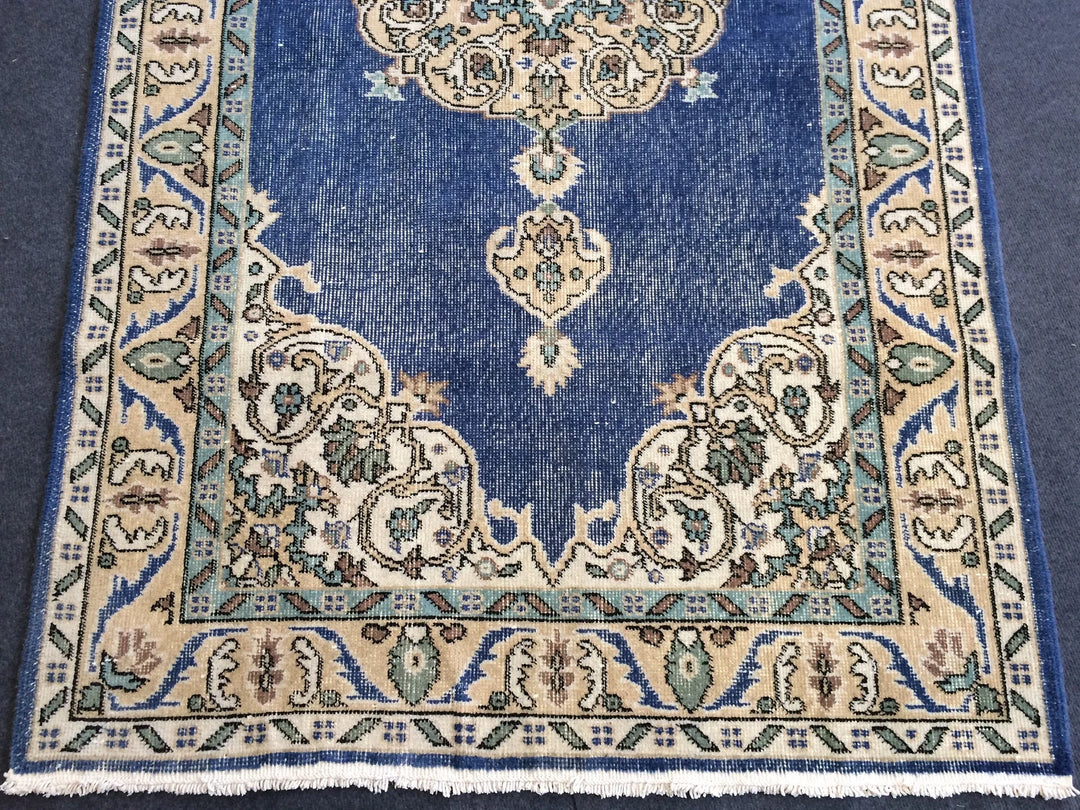 Blue Turkish Runner Rug 4' x 7' Hand-Knotted | No. WR24039