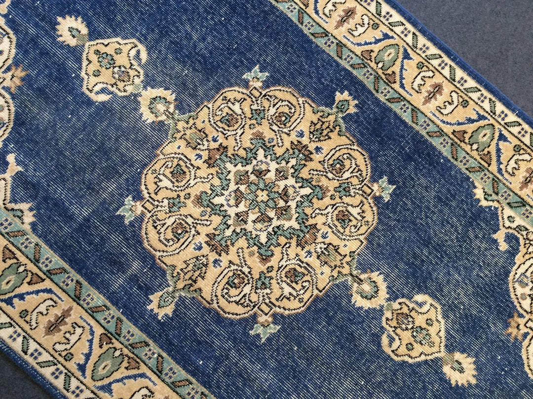 Blue Turkish Runner Rug 4' x 7' Hand-Knotted | No. WR24039