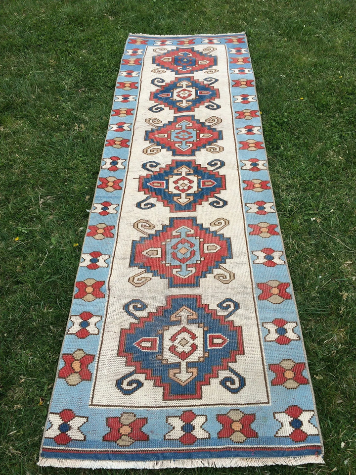 Blue Turkish Runner Rug 2' 8" x 8' 5" Hand-Knotted | No. WR24309