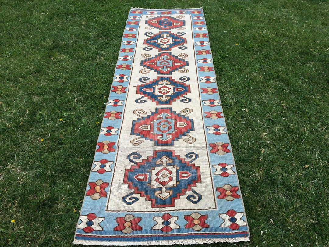 Blue Turkish Runner Rug 2' 8" x 8' 5" Hand-Knotted | No. WR24309