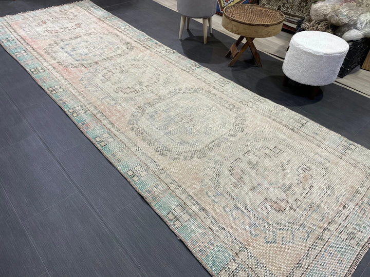 Beige Turkish Runner Rug 3' 10" x 11' 3" Hand-Knotted | No. WR25296