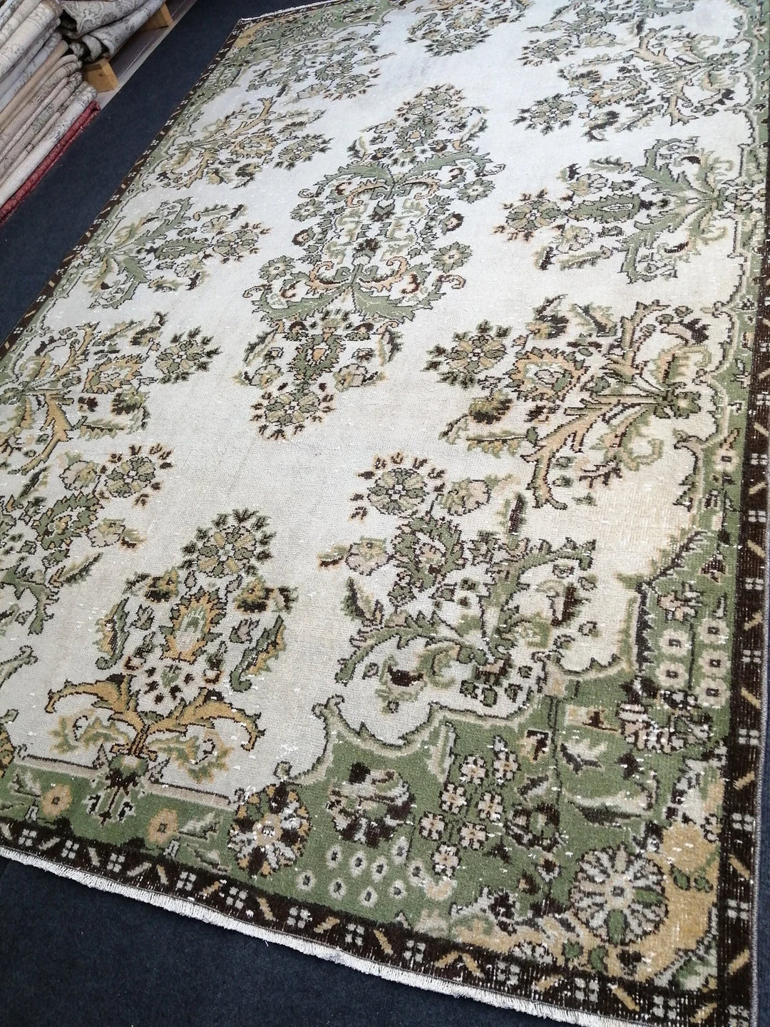 Green Turkish Runner Rug 6' 7" x 10' Hand-Knotted | No. WR26383
