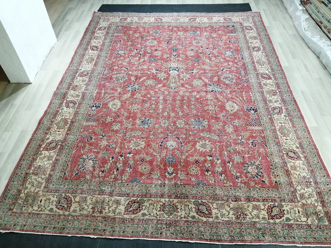 Beige Turkish Runner Rug 9' 11" x 13' 5" Hand-Knotted | No. WR26497
