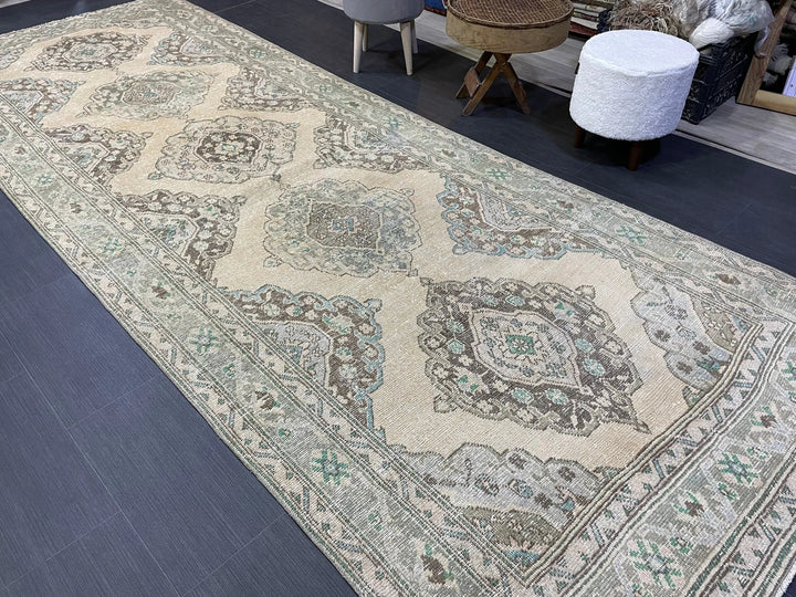 Beige Turkish Runner Rug 4' 7" x 12' 4" Hand-Knotted | No. WR30866