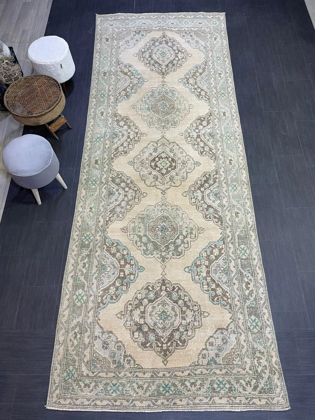 Beige Turkish Runner Rug 4' 7" x 12' 4" Hand-Knotted | No. WR30866