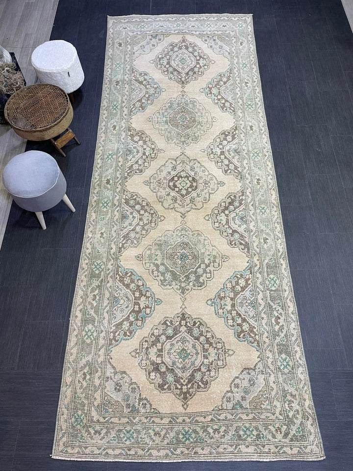 Beige Turkish Runner Rug 4' 7" x 12' 4" Hand-Knotted | No. WR30866