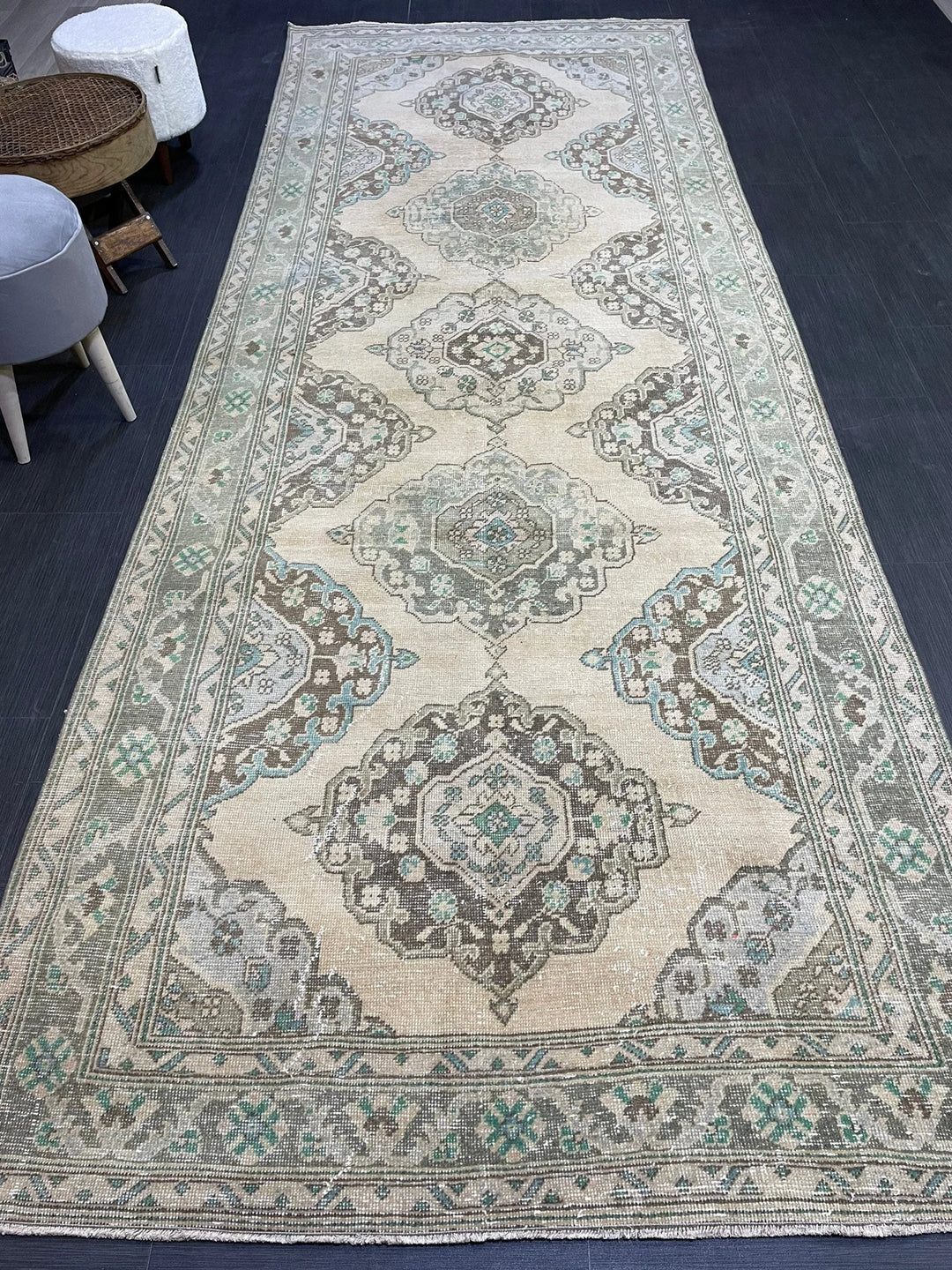 Beige Turkish Runner Rug 4' 7" x 12' 4" Hand-Knotted | No. WR30866