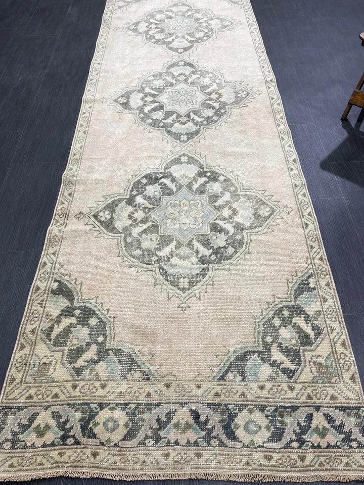 Green Turkish Runner Rug 3' 5" x 11' 2" Hand-Knotted | No. WR34216
