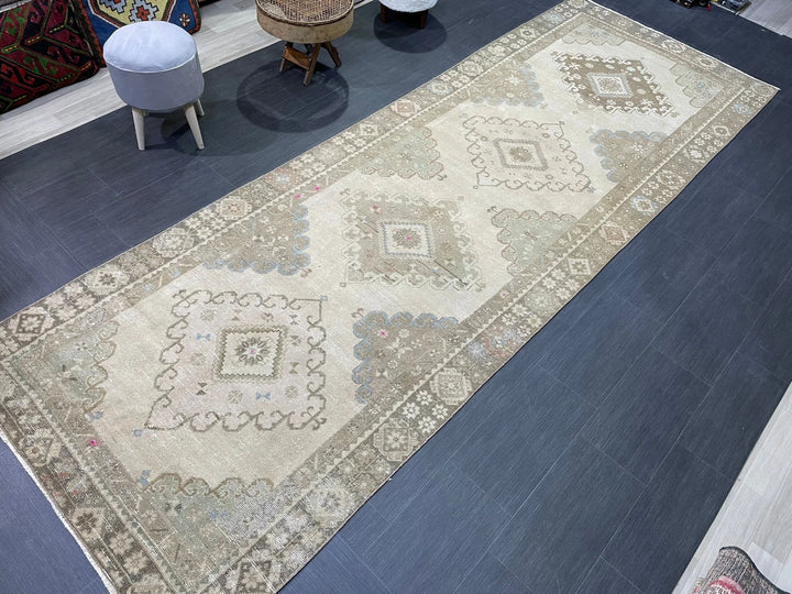 Beige Turkish Runner Rug 4' 6" x 12' 8" Hand-Knotted | No. WR36276