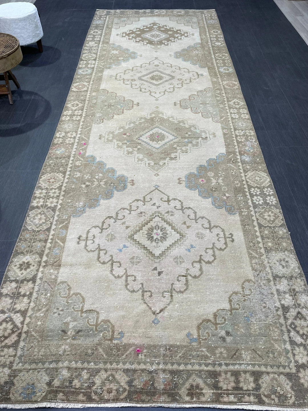 Beige Turkish Runner Rug 4' 6" x 12' 8" Hand-Knotted | No. WR36276