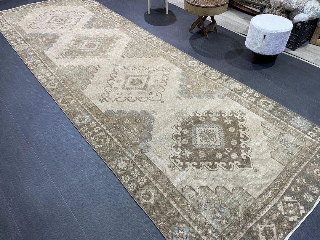 Beige Turkish Runner Rug 4' 6" x 12' 8" Hand-Knotted | No. WR36276