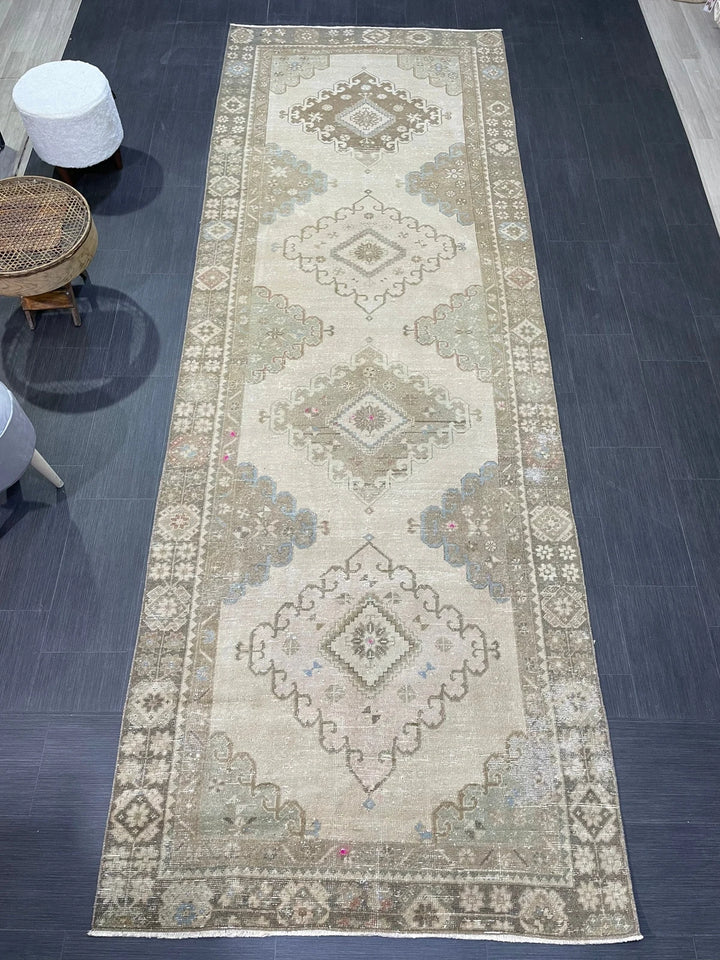 Beige Turkish Runner Rug 4' 6" x 12' 8" Hand-Knotted | No. WR36276