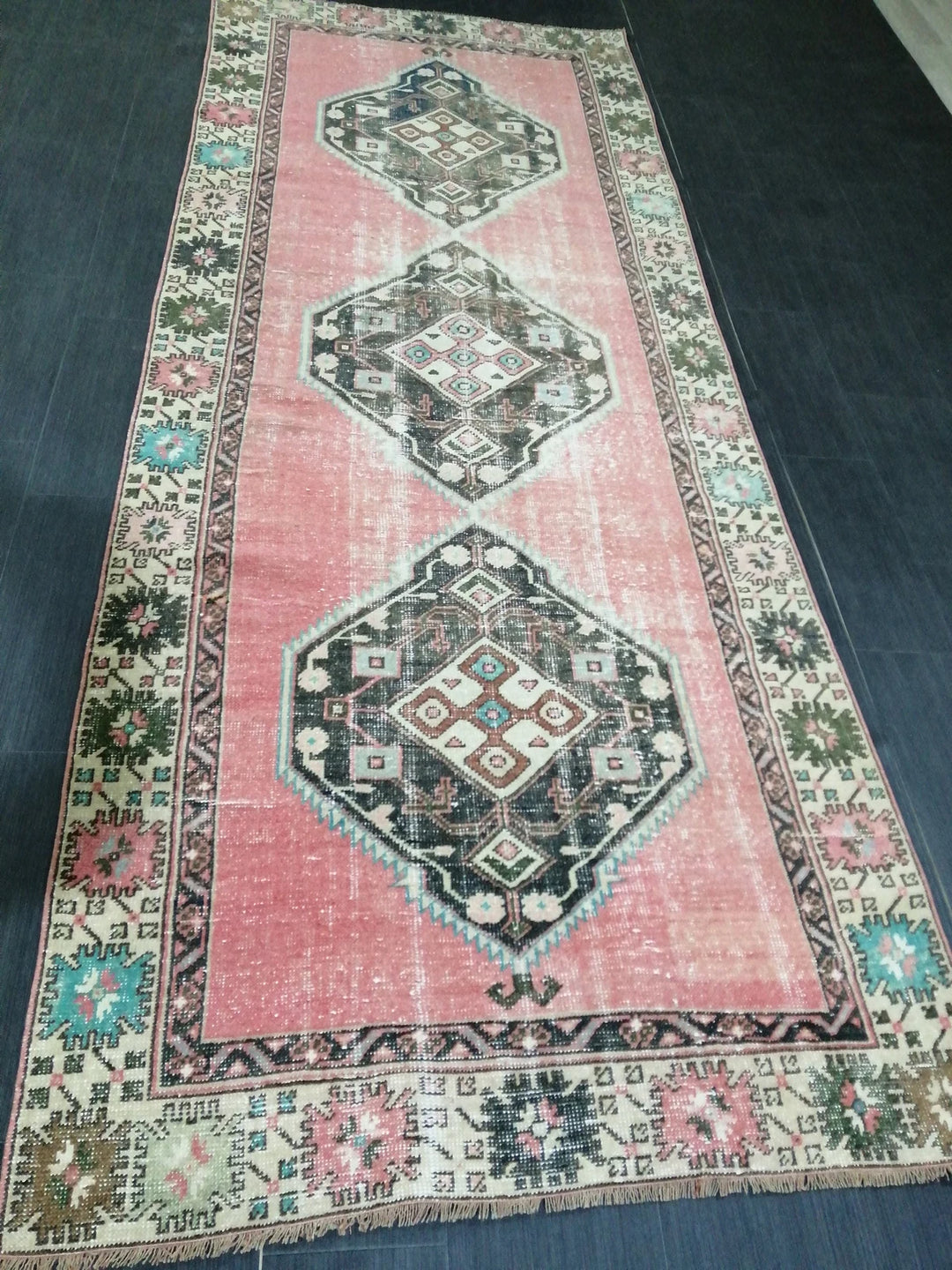 Beige Turkish Runner Rug 4' x 10' 4" Hand-Knotted | No. WR36976