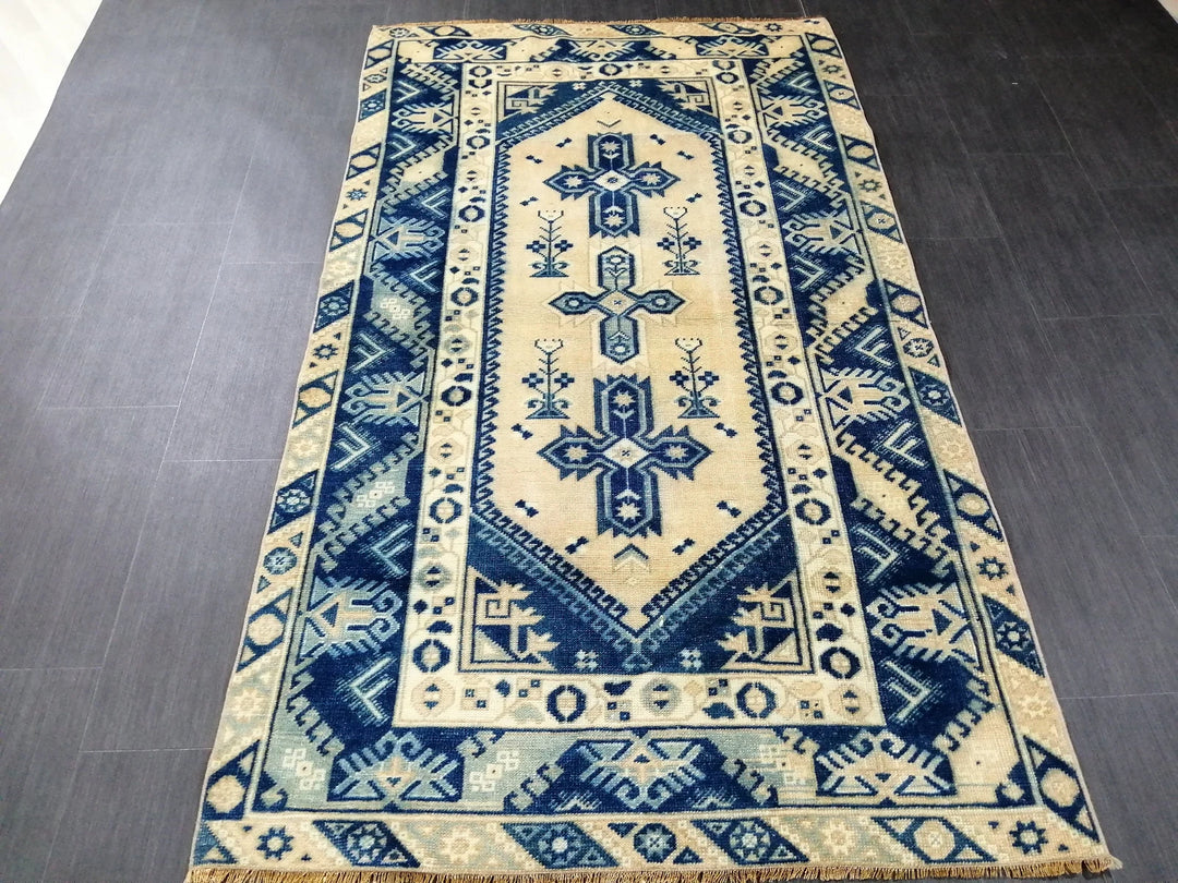 Blue Turkish Runner Rug 3' 11" x 6' 9" Hand-Knotted | No. WR39388