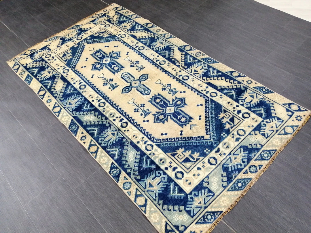 Blue Turkish Runner Rug 3' 11" x 6' 9" Hand-Knotted | No. WR39388
