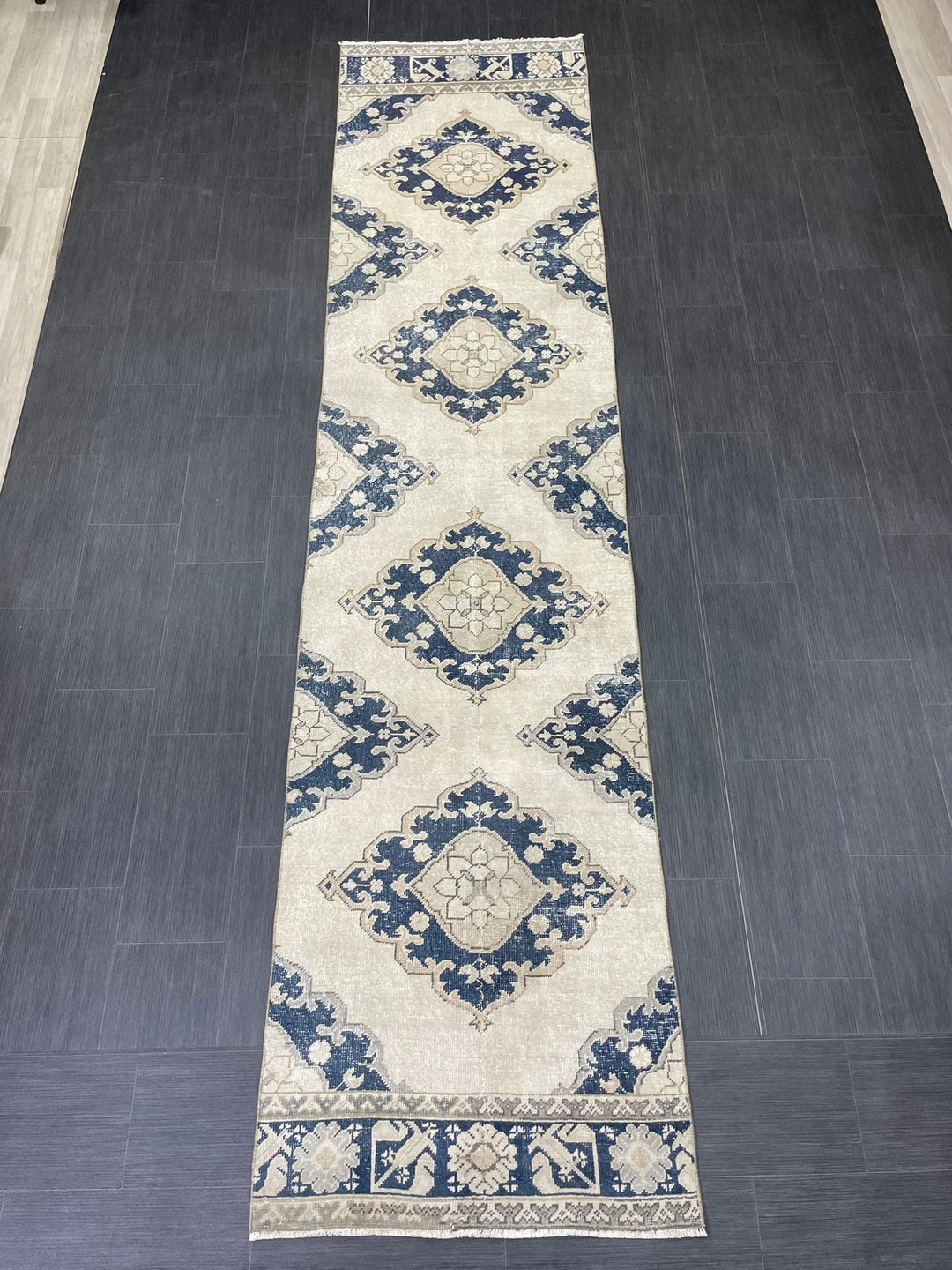 Navy Turkish Runner Rug 2' 11" x 12' 4" Hand-Knotted | No. WR41356