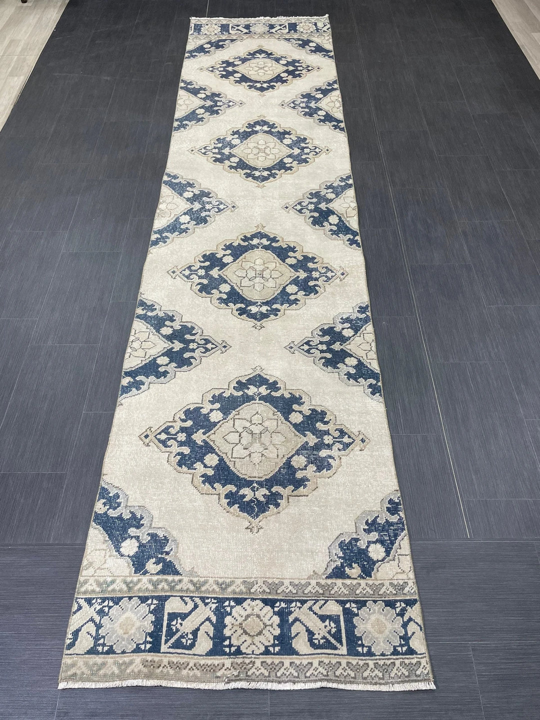Navy Turkish Runner Rug 2' 11" x 12' 4" Hand-Knotted | No. WR41356