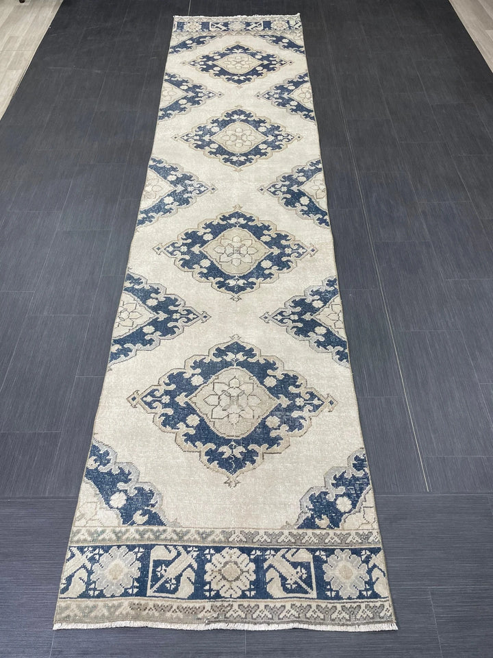 Navy Turkish Runner Rug 2' 11" x 12' 4" Hand-Knotted | No. WR41356