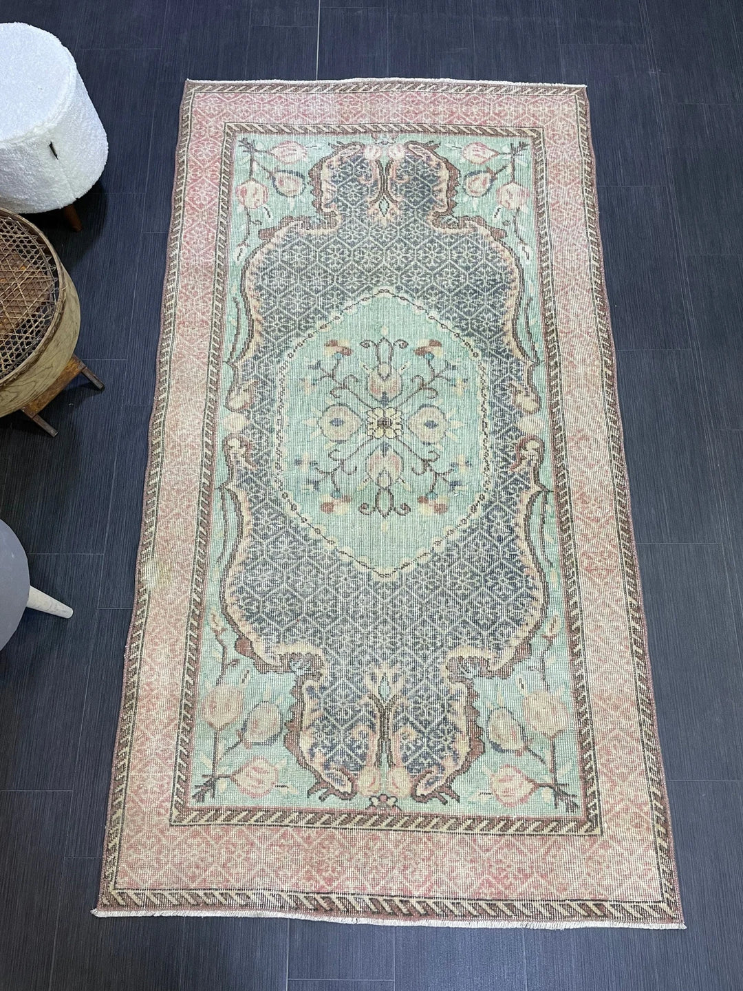 Beige Turkish Runner Rug 3' 9" x 7' Hand-Knotted | No. WR41740