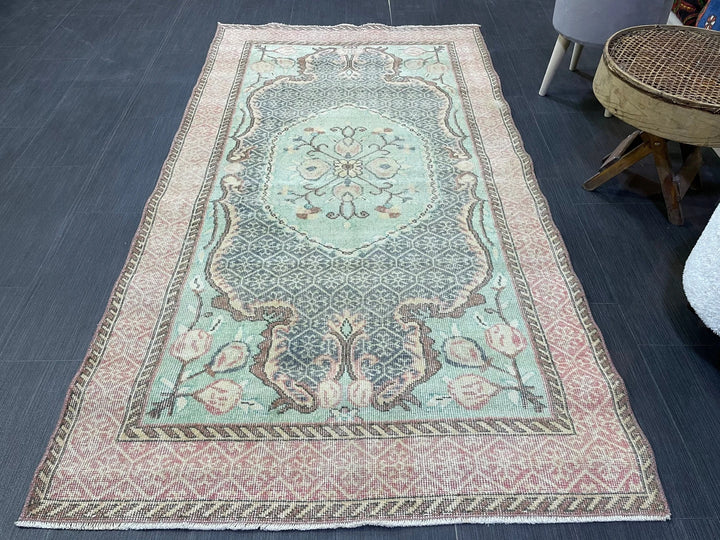 Beige Turkish Runner Rug 3' 9" x 7' Hand-Knotted | No. WR41740