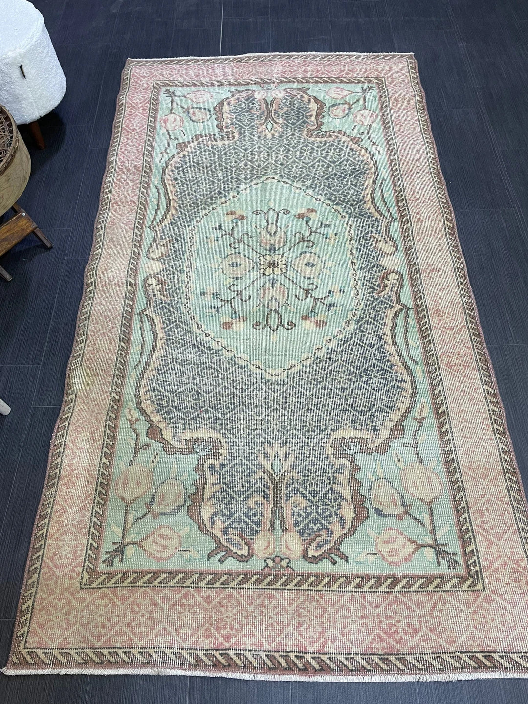 Beige Turkish Runner Rug 3' 9" x 7' Hand-Knotted | No. WR41740