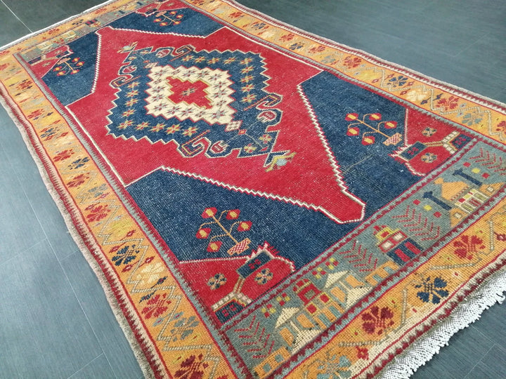 Blue Turkish Runner Rug 4' 8" x 9' Hand-Knotted | No. WR42182
