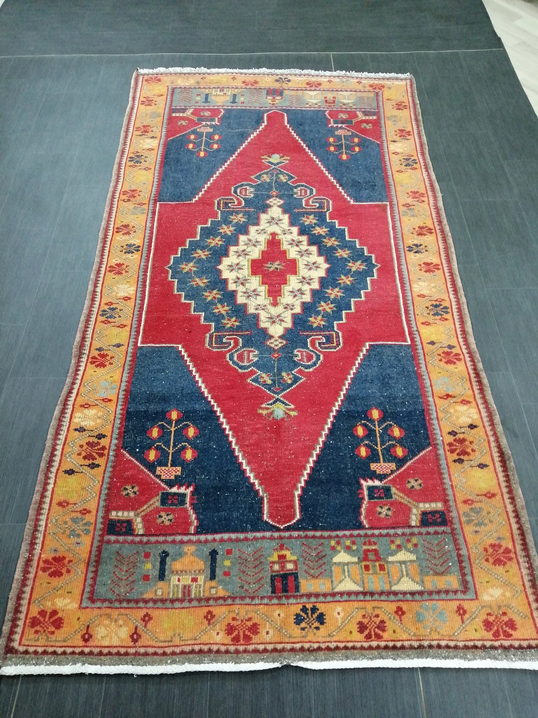 Blue Turkish Runner Rug 4' 8" x 9' Hand-Knotted | No. WR42182