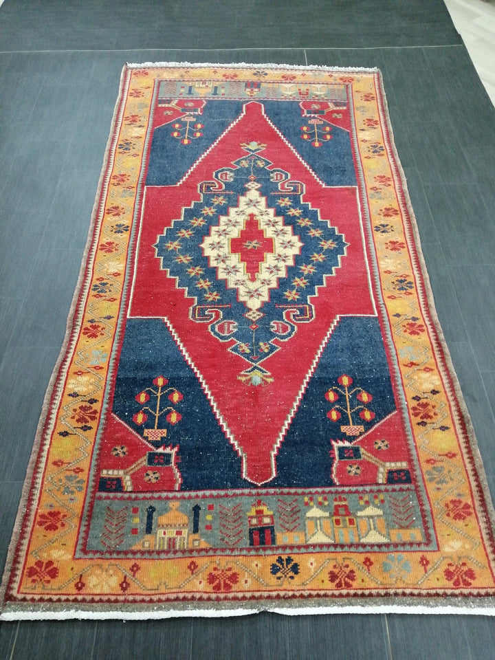 Blue Turkish Runner Rug 4' 8" x 9' Hand-Knotted | No. WR42182