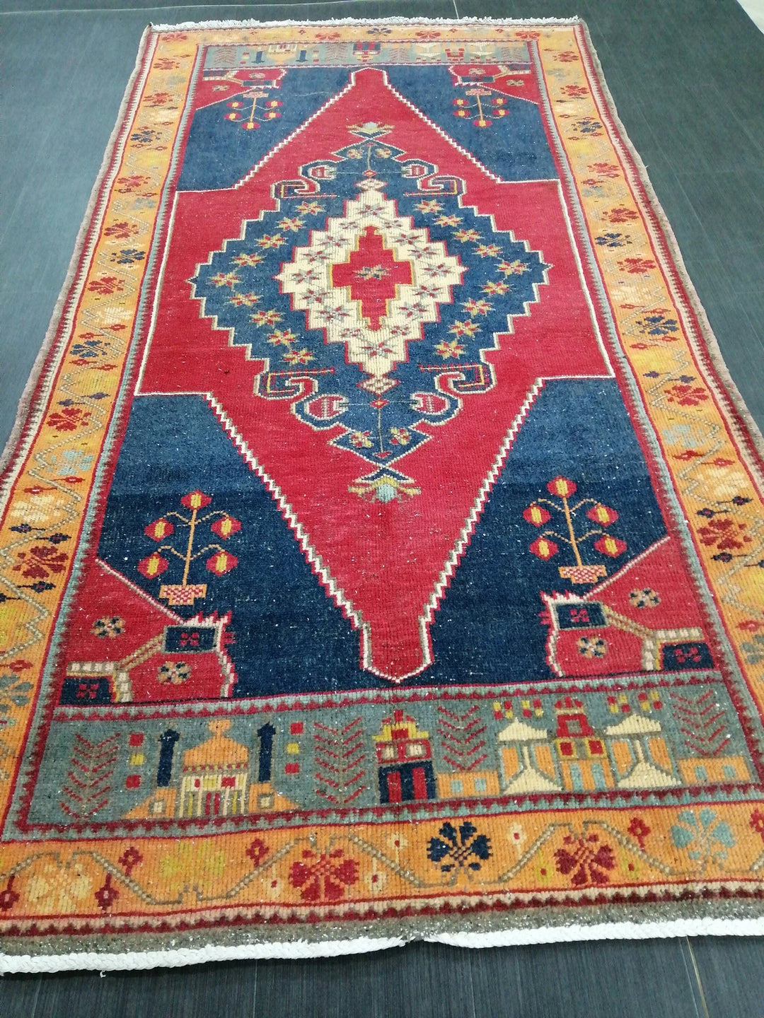 Blue Turkish Runner Rug 4' 8" x 9' Hand-Knotted | No. WR42182