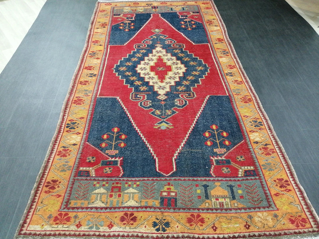 Blue Turkish Runner Rug 4' 8" x 9' Hand-Knotted | No. WR42182