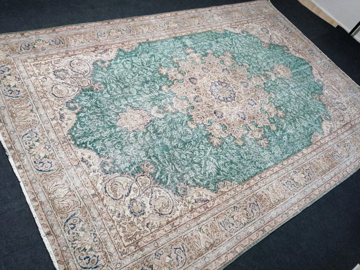 Green Turkish Runner Rug 7' x 10' 5" Hand-Knotted | No. WR43903