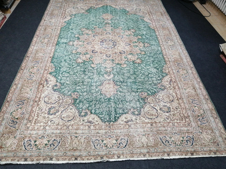 Green Turkish Runner Rug 7' x 10' 5" Hand-Knotted | No. WR43903