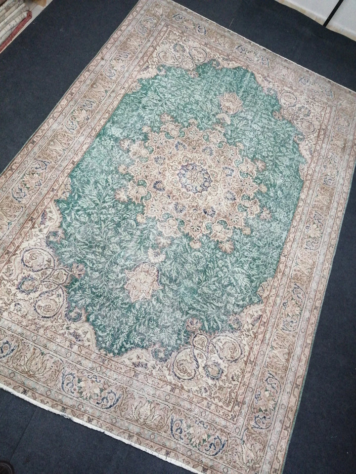 Green Turkish Runner Rug 7' x 10' 5" Hand-Knotted | No. WR43903