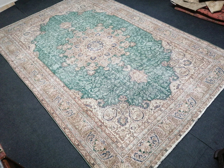 Green Turkish Runner Rug 7' x 10' 5" Hand-Knotted | No. WR43903