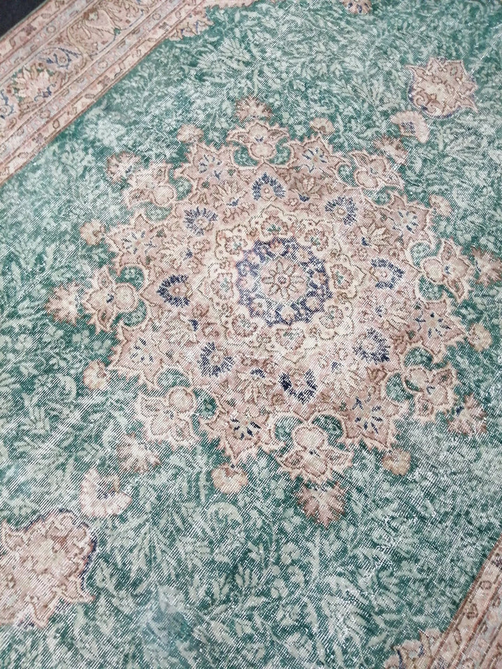 Green Turkish Runner Rug 7' x 10' 5" Hand-Knotted | No. WR43903