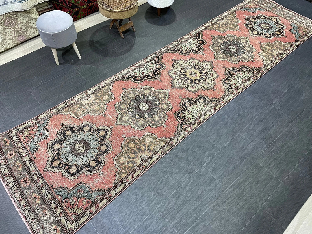 Beige Turkish Runner Rug 3' 5" x 12' 9" Hand-Knotted | No. WR46760
