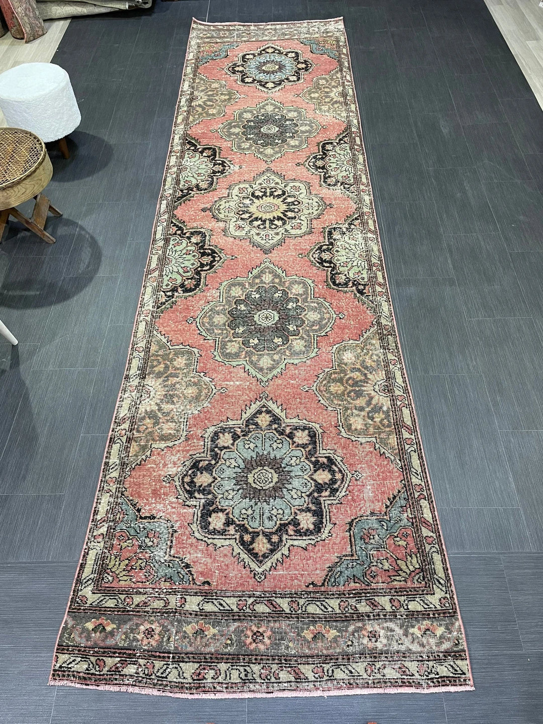 Beige Turkish Runner Rug 3' 5" x 12' 9" Hand-Knotted | No. WR46760