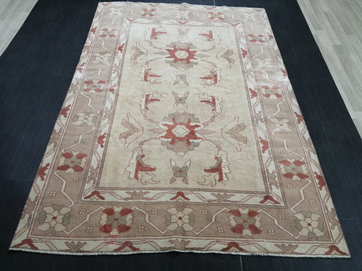 Beige Turkish Runner Rug 5' 11" x 8' 8" Hand-Knotted | No. WR48005