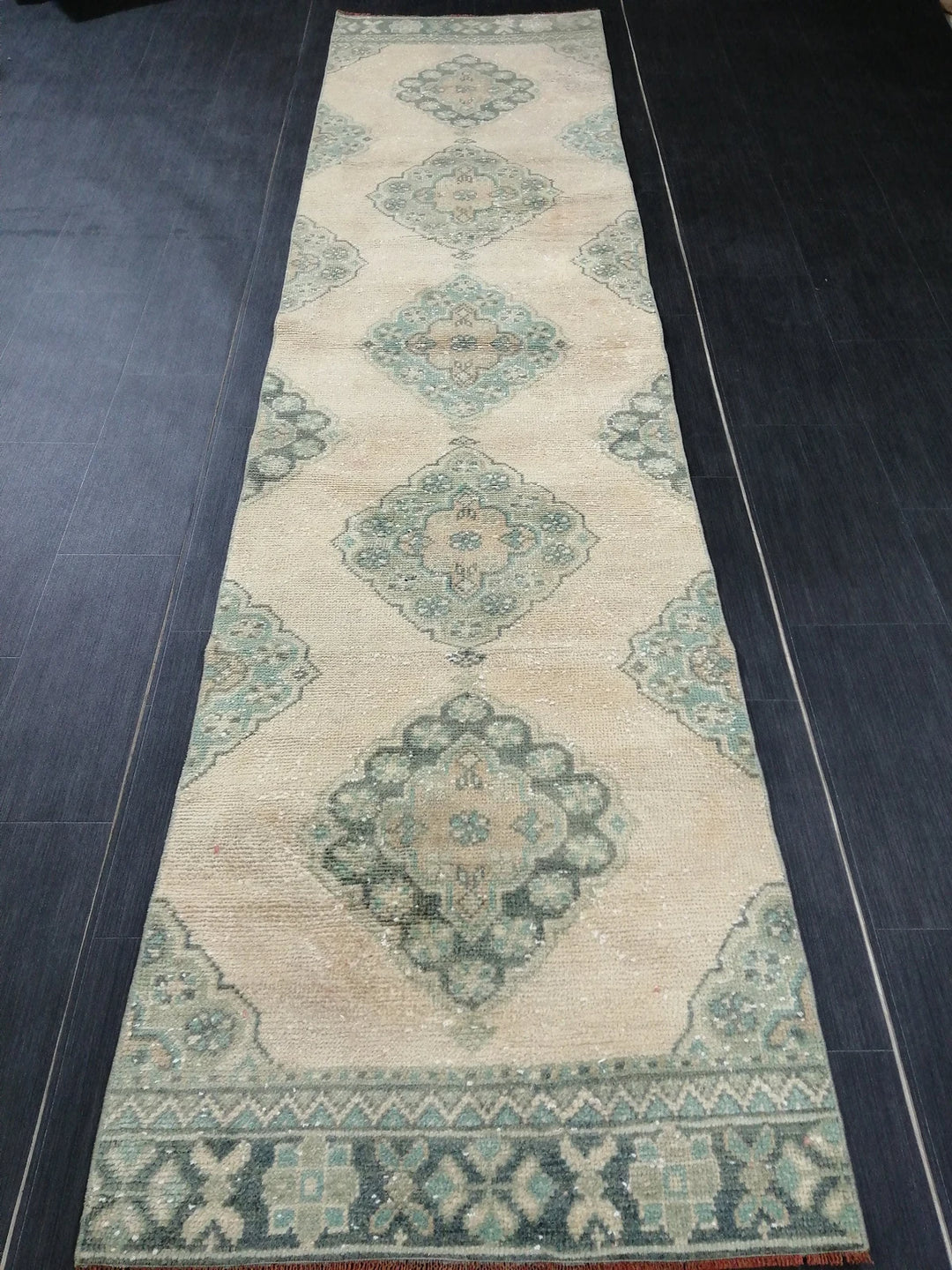 Beige Turkish Runner Rug 2'7" x 10'8" Hand-Knotted | No. WR48056