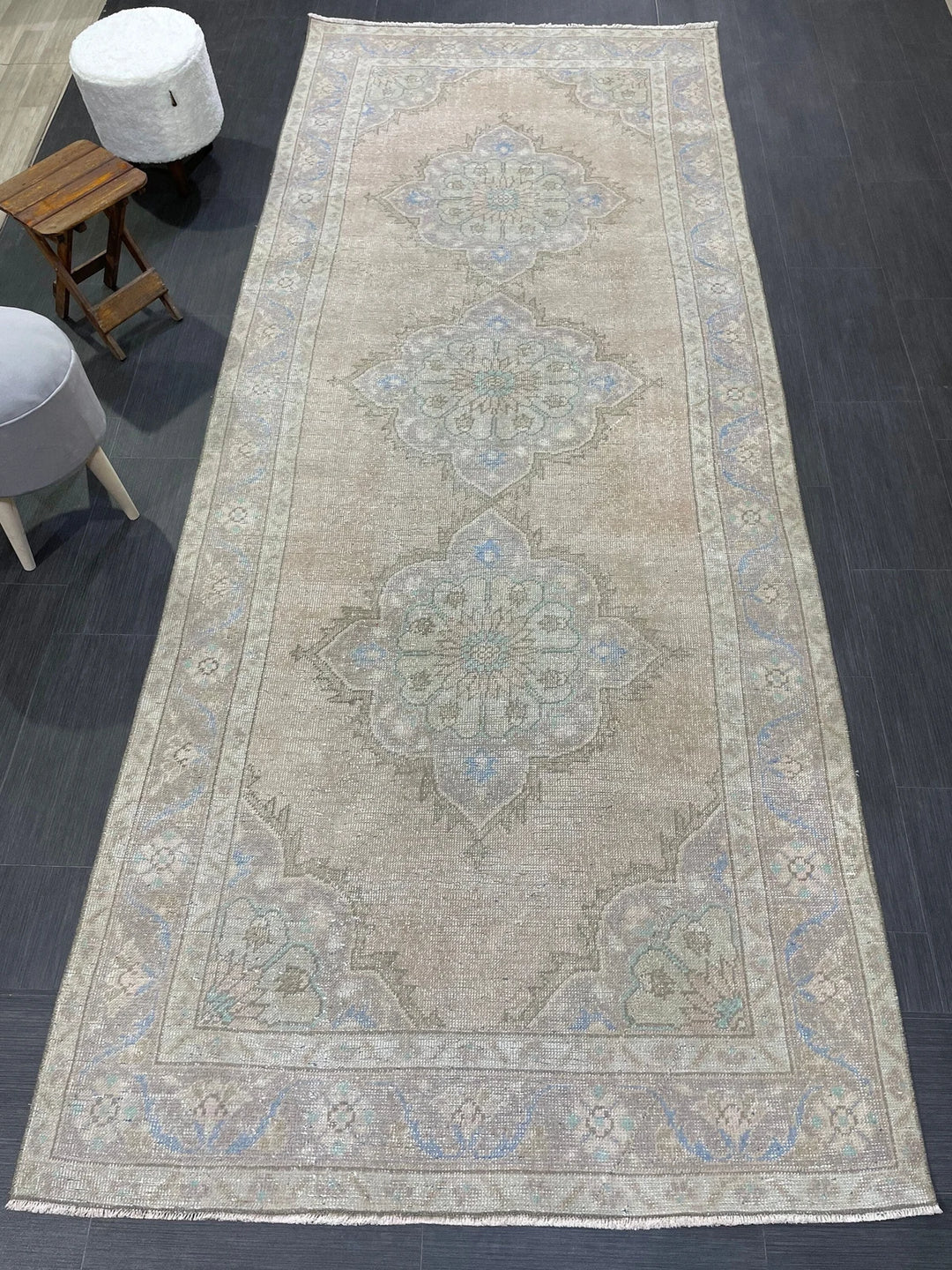 Beige Turkish Runner Rug 4' 5" x 11' 3" Hand-Knotted | No. WR48380