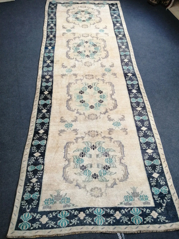 Blue Turkish Runner Rug 4' 7" x 12' 2" Hand-Knotted | No. WR50556
