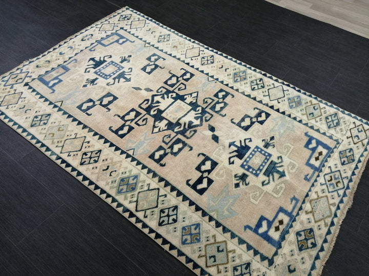 Beige Turkish Runner Rug 4' 5" x 6' 9" Hand-Knotted | No. WR54444
