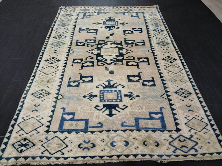 Beige Turkish Runner Rug 4' 5" x 6' 9" Hand-Knotted | No. WR54444